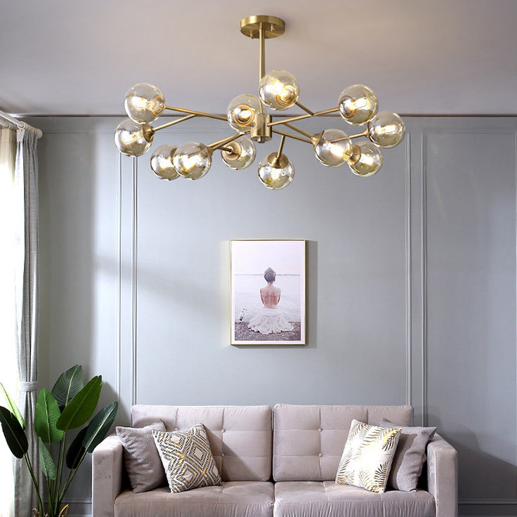 Modern Mid-century Brass Frame Molecular Glass Ball Shade 6/9/12/15-Light Chandelier For Living Room