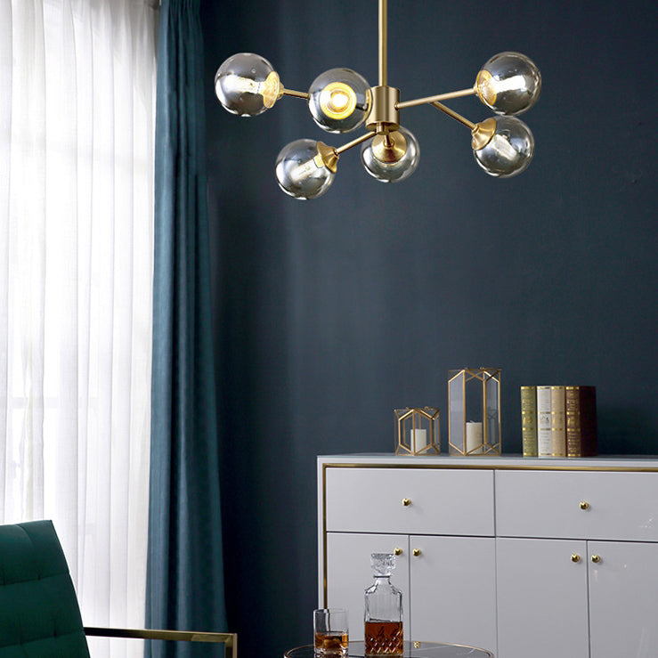 Modern Mid-century Brass Frame Molecular Glass Ball Shade 6/9/12/15-Light Chandelier For Living Room
