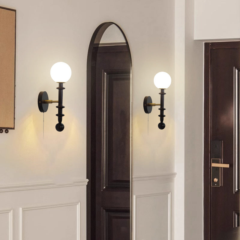 Traditional Vintage Spindle-Shaped Globe Shade Glass White Ash Wooden 1-Light Wall Sconce Lamp For Bedroom