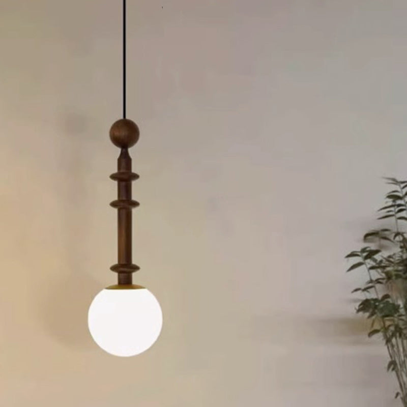 Traditional Vintage Linear White Ash Wooden Spindle-Shaped Globe Shade Glass 1-Light Pendant Light For Bedroom