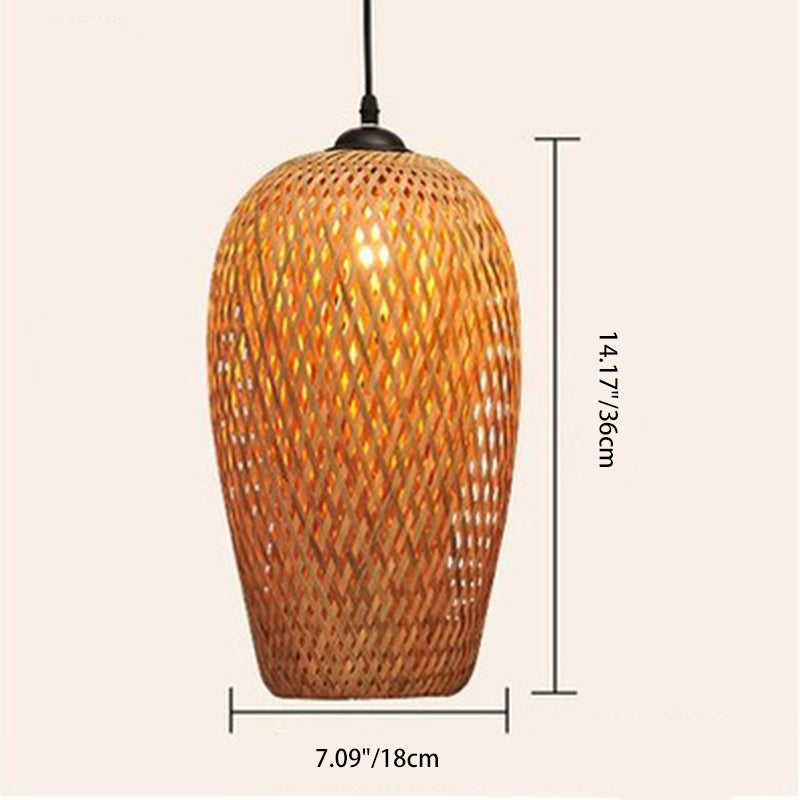 Traditional Chinese Cylindrical Round Bamboo Iron 1-Light Pendant Light For Living Room