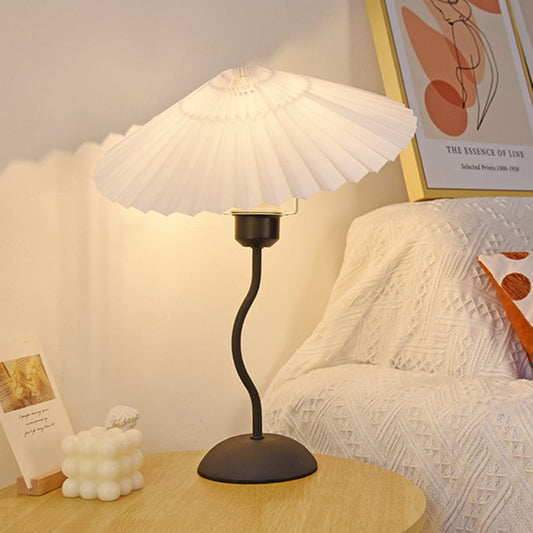 Contemporary Scandinavian Pleated Fan-Shaped Round Iron Fabric 1-Light Table Lamp For Bedroom