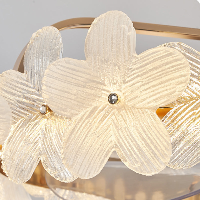 現代的で豪華な丸型円筒形の花型ガラス銅ABS LEDダウンロッドシーリングファンライト寝室用