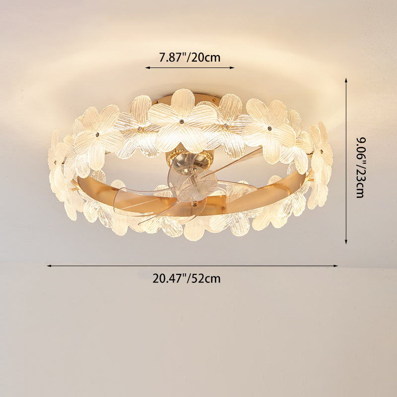 現代的で豪華な丸型円筒形の花型ガラス銅ABS LEDダウンロッドシーリングファンライト寝室用