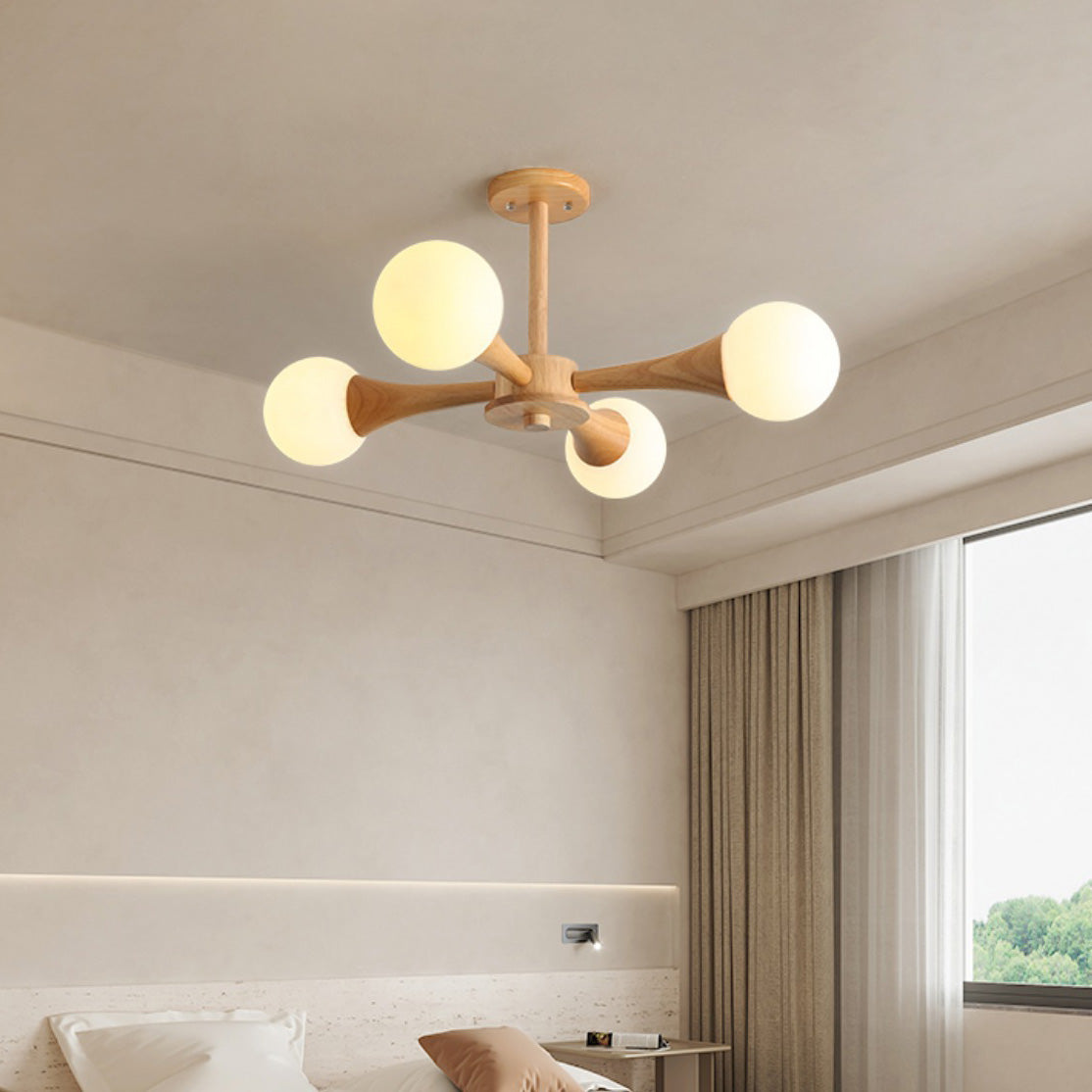 Contemporary Scandinavian Radiating Circular Spherical Wooden Glass 3/4/5 Light Semi-Flush Mount Ceiling Light For Living Room
