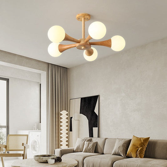 Contemporary Scandinavian Radiating Circular Spherical Wooden Glass 3/4/5 Light Semi-Flush Mount Ceiling Light For Living Room
