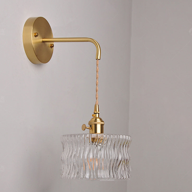 Traditional Vintage Round Cylinder Willow Glass Brass 1-Light Wall Sconce Lamp For Living Room