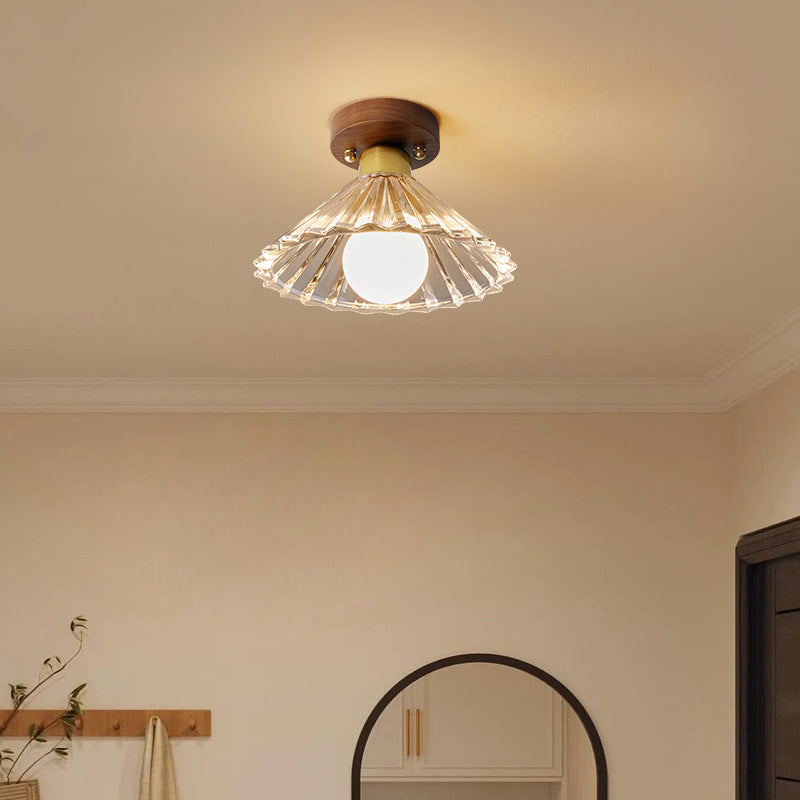 Traditional Japanese Round Flower Cone Wood Copper Glass 1-Light Semi-Flush Mount Ceiling Light For Living Room