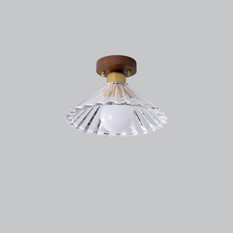 Traditional Japanese Round Flower Cone Wood Copper Glass 1-Light Semi-Flush Mount Ceiling Light For Living Room