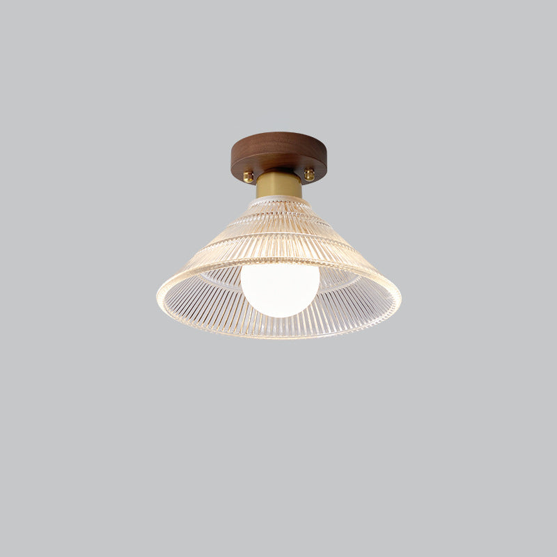 Traditional Japanese Round Flower Cone Wood Copper Glass 1-Light Semi-Flush Mount Ceiling Light For Living Room