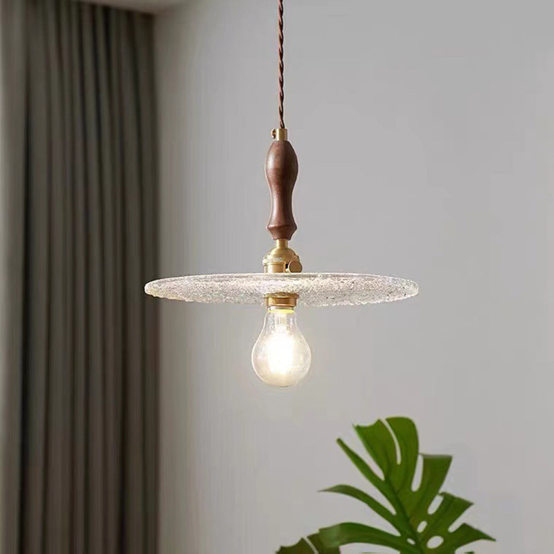 Contemporary Vintage Round Disc Copper Wood Glass 1-Light Pendant Light For Living Room