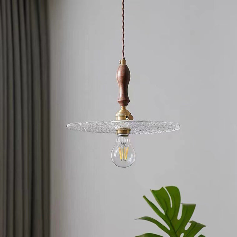 Contemporary Vintage Round Disc Copper Wood Glass 1-Light Pendant Light For Living Room