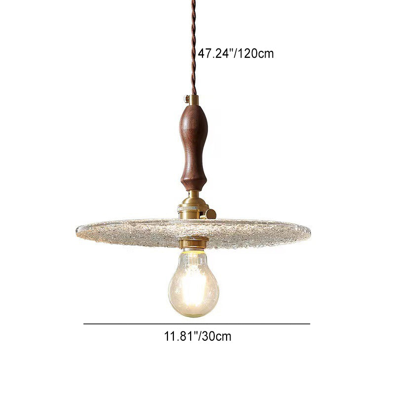 Contemporary Vintage Round Disc Copper Wood Glass 1-Light Pendant Light For Living Room