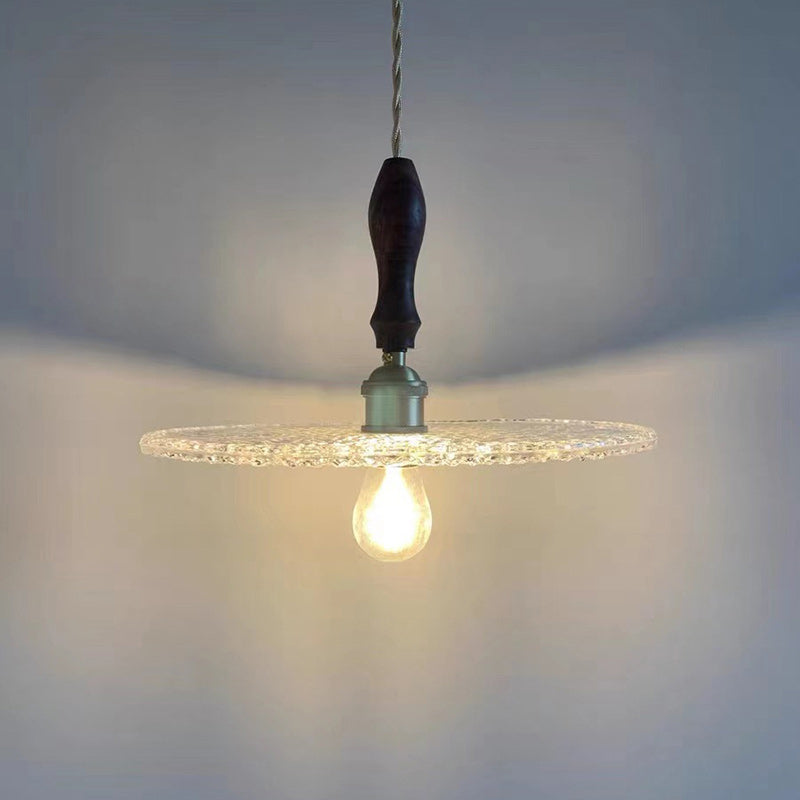 Contemporary Vintage Round Disc Copper Wood Glass 1-Light Pendant Light For Living Room