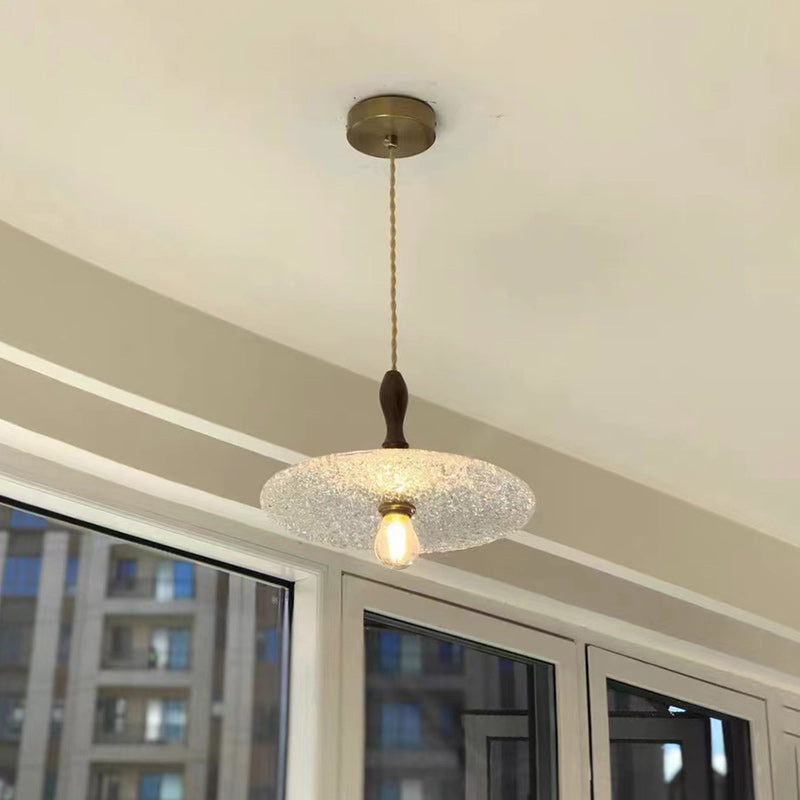 Contemporary Vintage Round Disc Copper Wood Glass 1-Light Pendant Light For Living Room