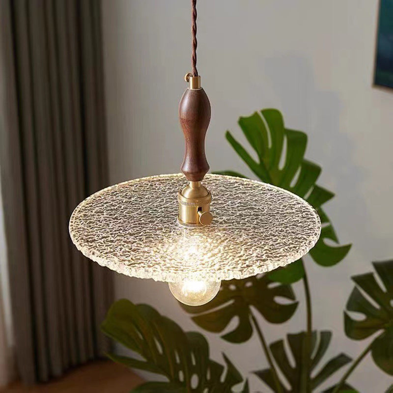 Contemporary Vintage Round Disc Copper Wood Glass 1-Light Pendant Light For Living Room