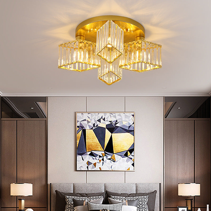 Contemporary Luxury Round Diamond Iron Crystal 3/4/5/6 Light Semi-Flush Mount Ceiling Light For Living Room
