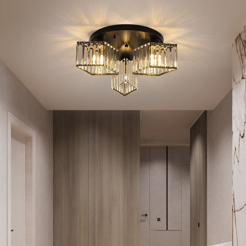 Contemporary Luxury Round Diamond Iron Crystal 3/4/5/6 Light Semi-Flush Mount Ceiling Light For Living Room