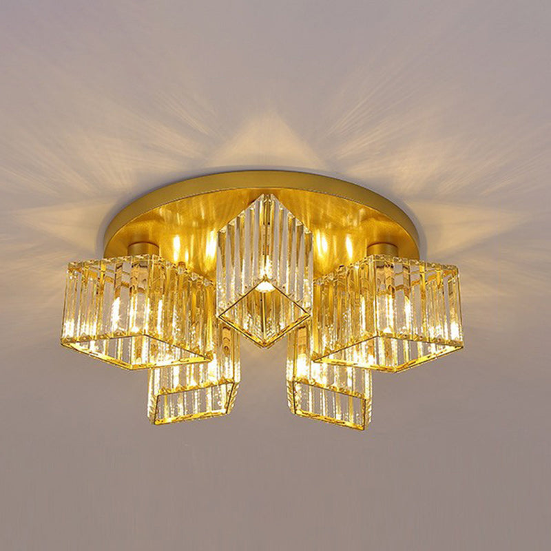 Contemporary Luxury Round Diamond Iron Crystal 3/4/5/6 Light Semi-Flush Mount Ceiling Light For Living Room