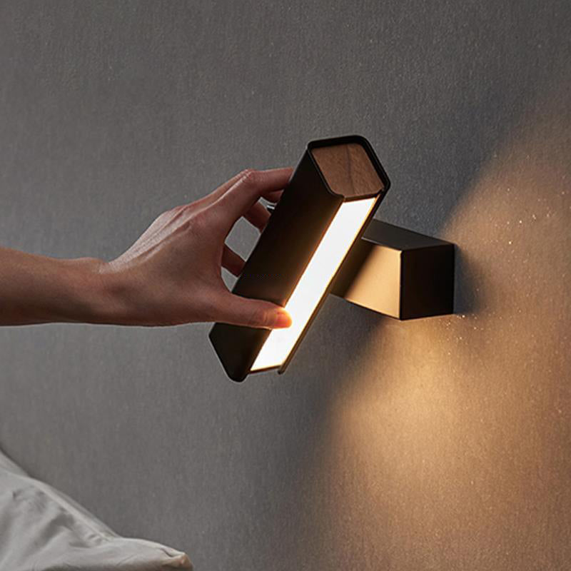 Modern Minimalist Rotatable Rectangular Iron Rubberwood LED Wall Sconce Lamp For Bedroom