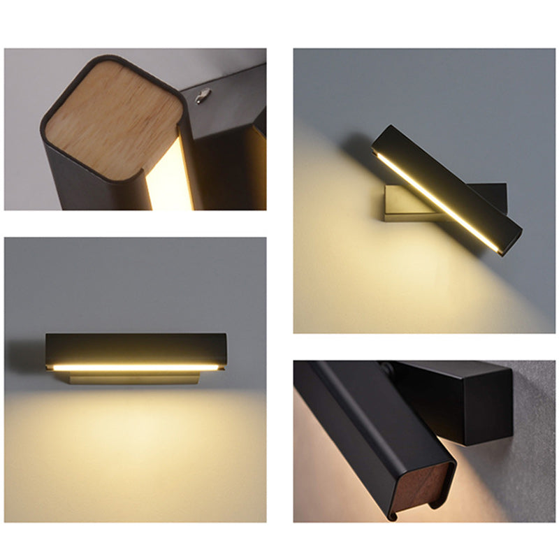 Modern Minimalist Rotatable Rectangular Iron Rubberwood LED Wall Sconce Lamp For Bedroom
