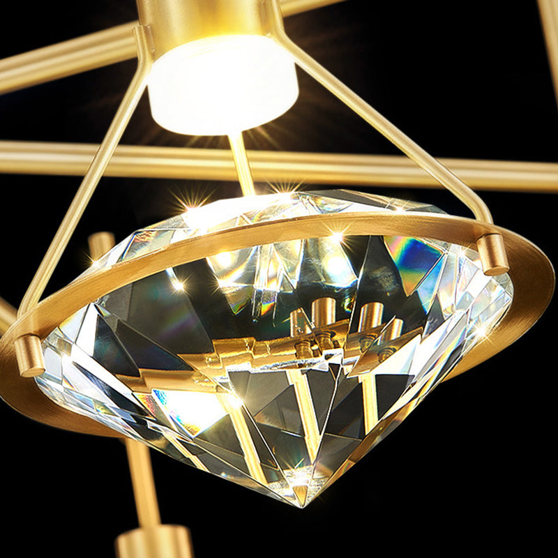 ثريا كريستال LED نحاسية كاملة على شكل ماسي فاخرة معاصرة لغرفة المعيشة