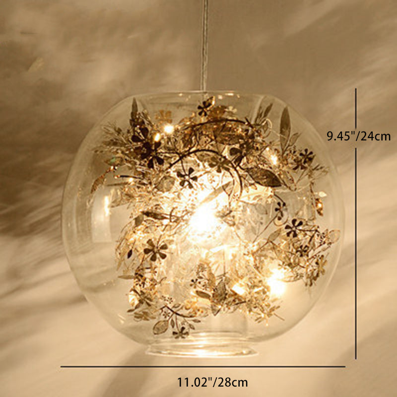 Contemporary Nordic Orb Snowflake Leaf Glass Shade Iron 1-Light Pendant Light For Living Room
