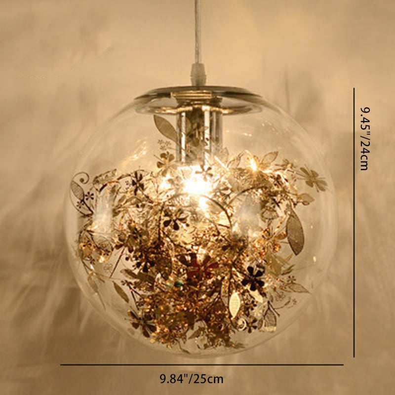 Contemporary Nordic Orb Snowflake Leaf Glass Shade Iron 1-Light Pendant Light For Living Room