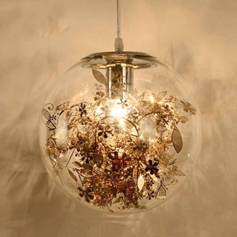 Contemporary Nordic Orb Snowflake Leaf Glass Shade Iron 1-Light Pendant Light For Living Room