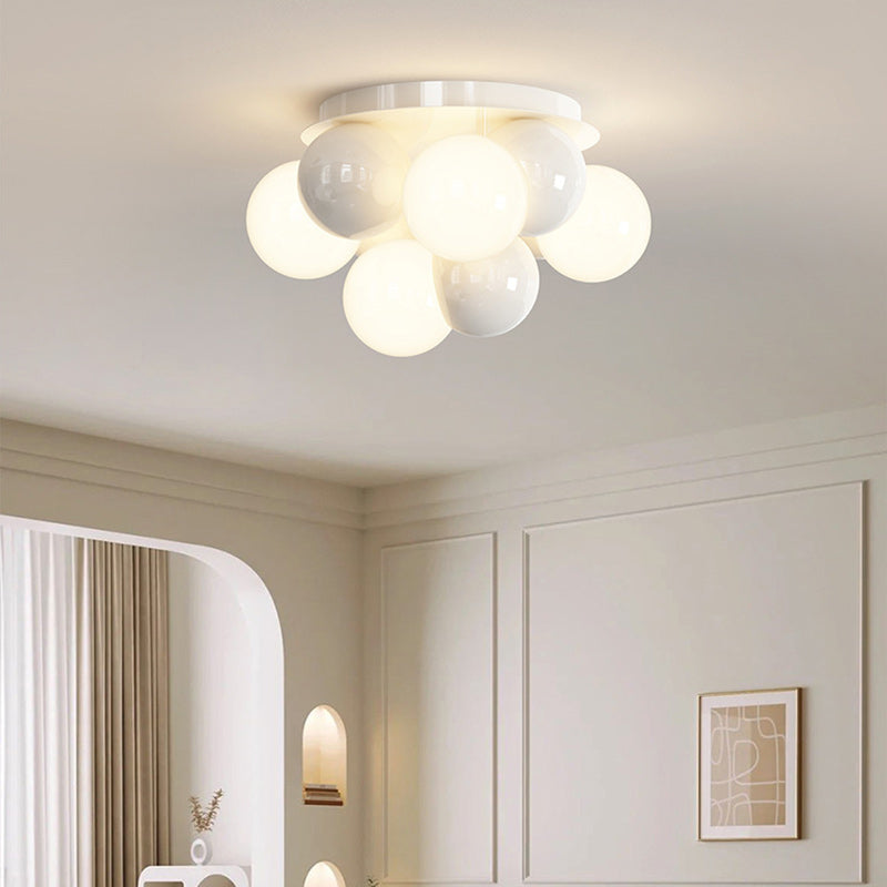 Modern Minimalist Cream Orb Iron 5-Light Semi-Flush Mount Ceiling Light For Bedroom