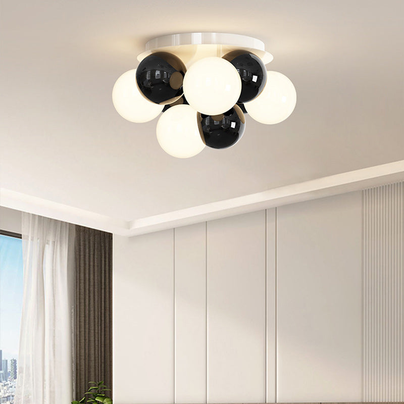 Modern Minimalist Cream Orb Iron 5-Light Semi-Flush Mount Ceiling Light For Bedroom
