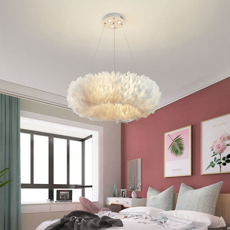 Contemporary Creative Kids Circle Feather Shade Iron 6-Light Chandelier For Bedroom