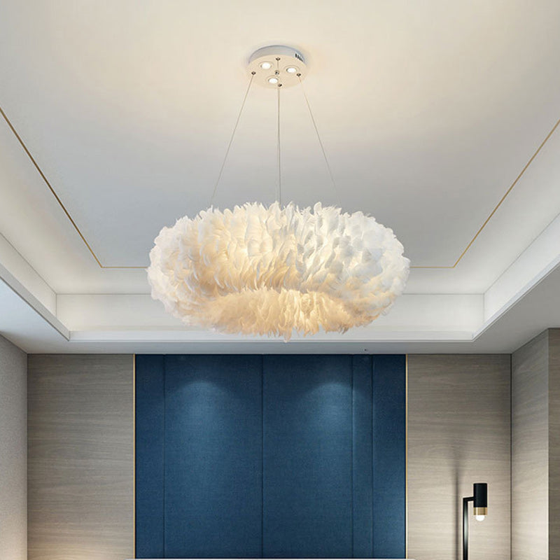 Contemporary Creative Kids Circle Feather Shade Iron 6-Light Chandelier For Bedroom
