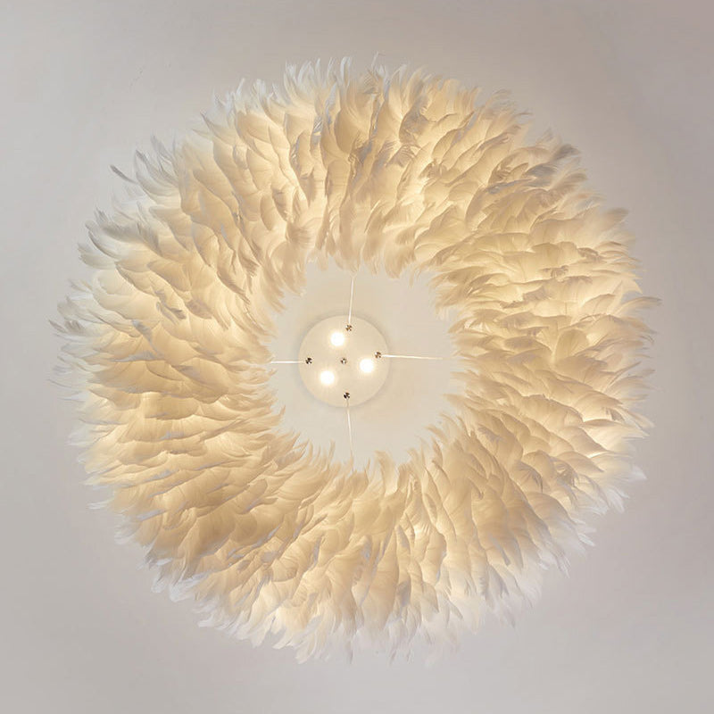 Contemporary Creative Kids Circle Feather Shade Iron 6-Light Chandelier For Bedroom