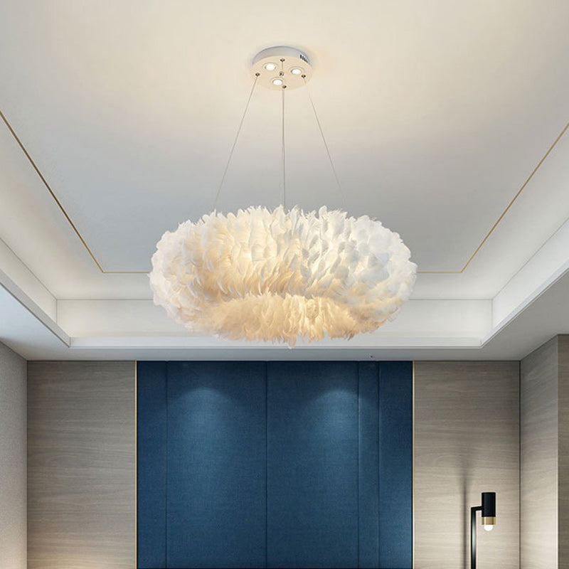 Contemporary Creative Kids Circle Feather Shade Iron 6-Light Chandelier For Bedroom