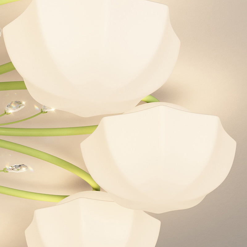 Contemporary Creative Cream Branch Flower Iron Glass 4/7/9/11 Light Semi-Flush Mount Ceiling Light For Living Room