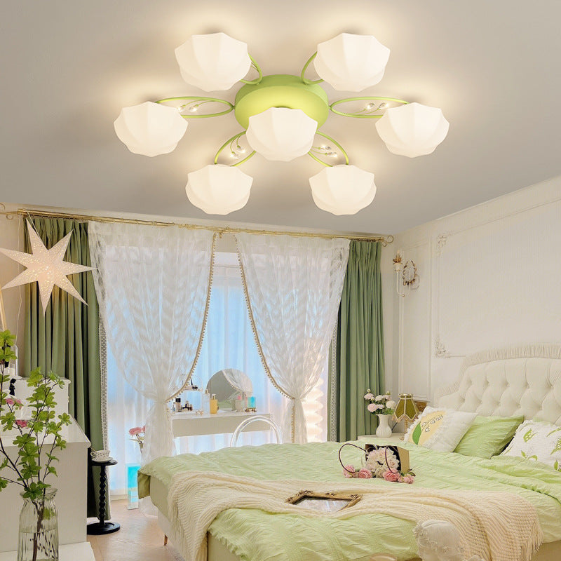 Contemporary Creative Cream Branch Flower Iron Glass 4/7/9/11 Light Semi-Flush Mount Ceiling Light For Living Room