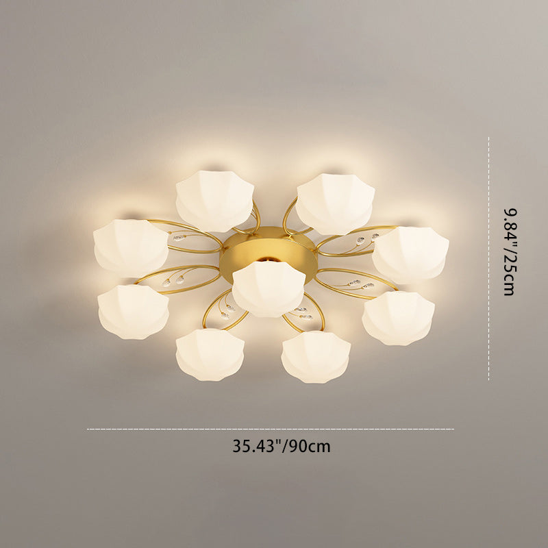 Contemporary Creative Cream Branch Flower Iron Glass 4/7/9/11 Light Semi-Flush Mount Ceiling Light For Living Room