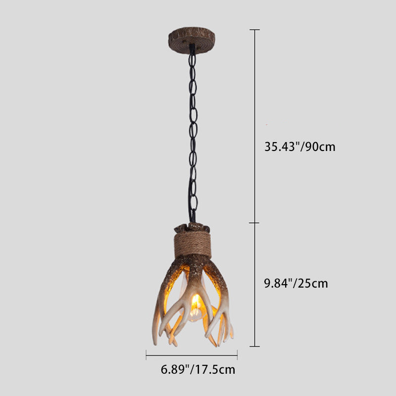 Traditional Vintage Antler Resin Glass Shade 1-Light Pendant Light For Living Room