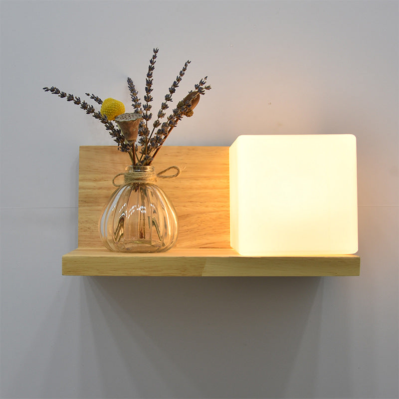 Contemporary Creative Square House Twisted Rectangle Glass Shade Wood 1-Light Wall Sconce Lamp For Bedroom