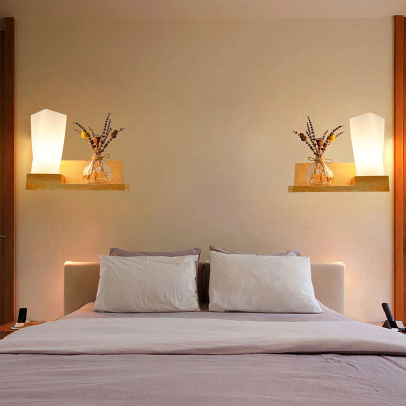 Contemporary Creative Square House Twisted Rectangle Glass Shade Wood 1-Light Wall Sconce Lamp For Bedroom