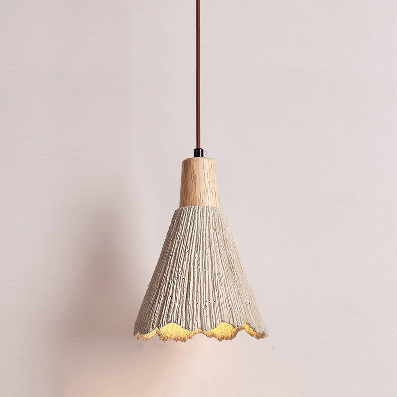Contemporary Nordic Round Cone Solid Wood Cement Shade 1-Light Pendant Light For Bedroom