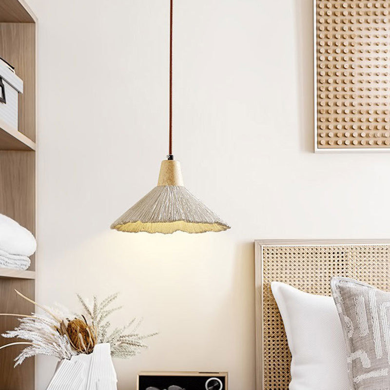 Contemporary Nordic Round Cone Solid Wood Cement Shade 1-Light Pendant Light For Bedroom