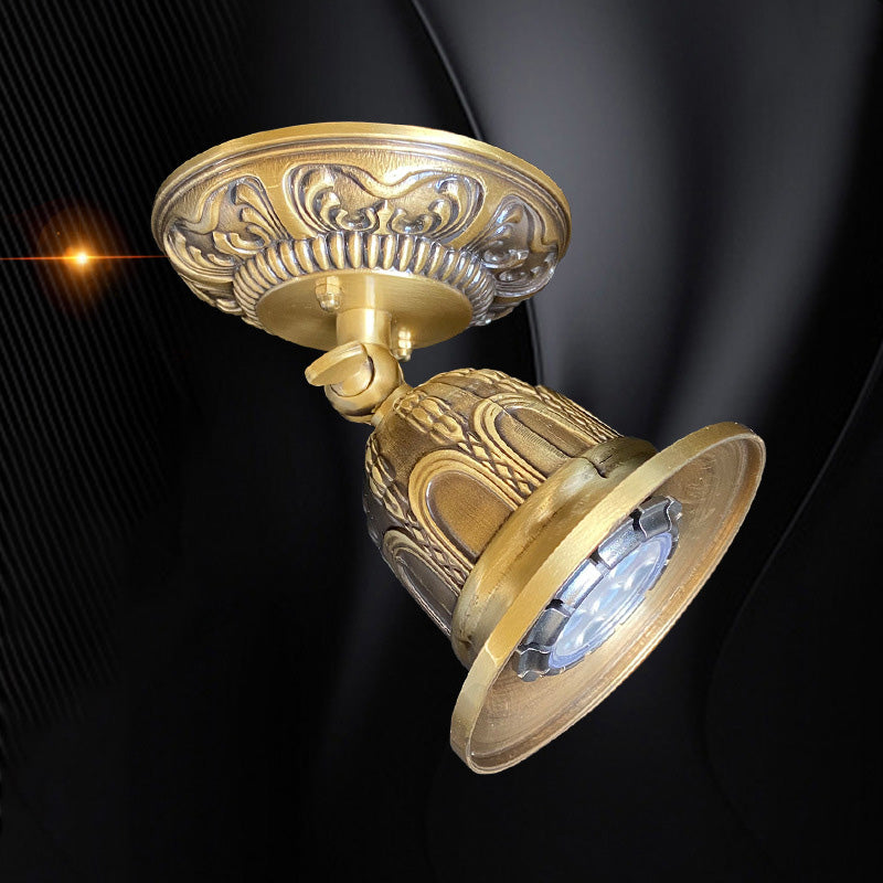 Traditional Vintage Adjustable Angle Round Carved Copper Shade 1-Light Spotlight Semi-Flush Mount Ceiling Light For Living Room
