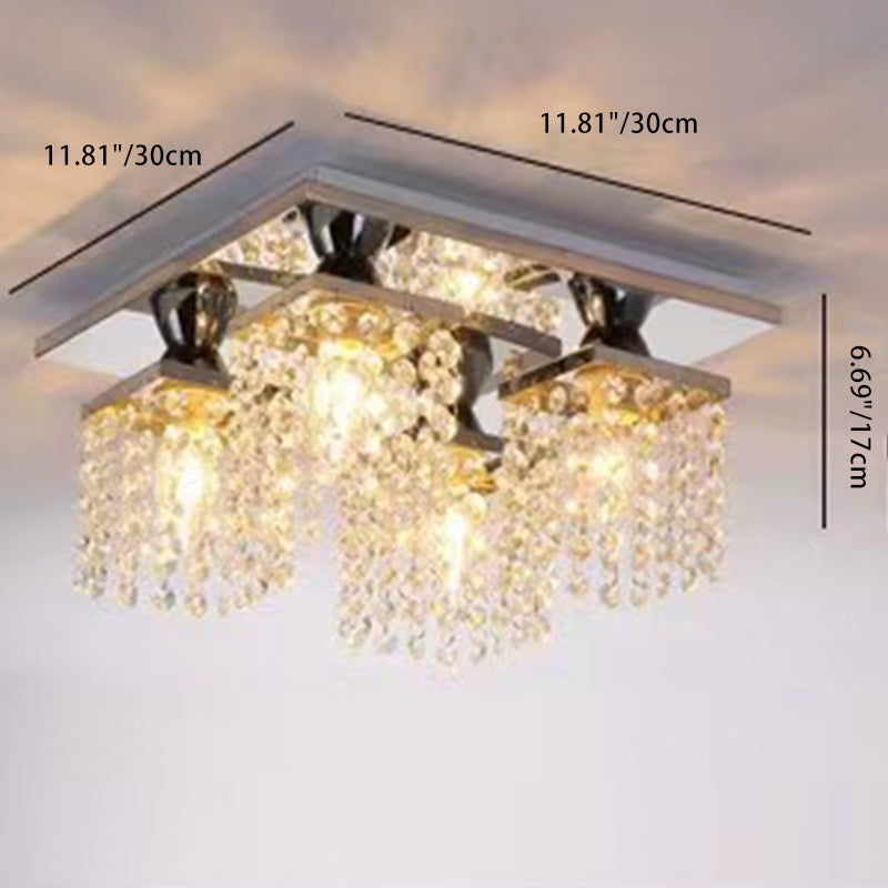 Modern Luxury Square Stainless Steel Frame Crystal Shade 4-Light Semi-Flush Mount Ceiling Light For Living Room