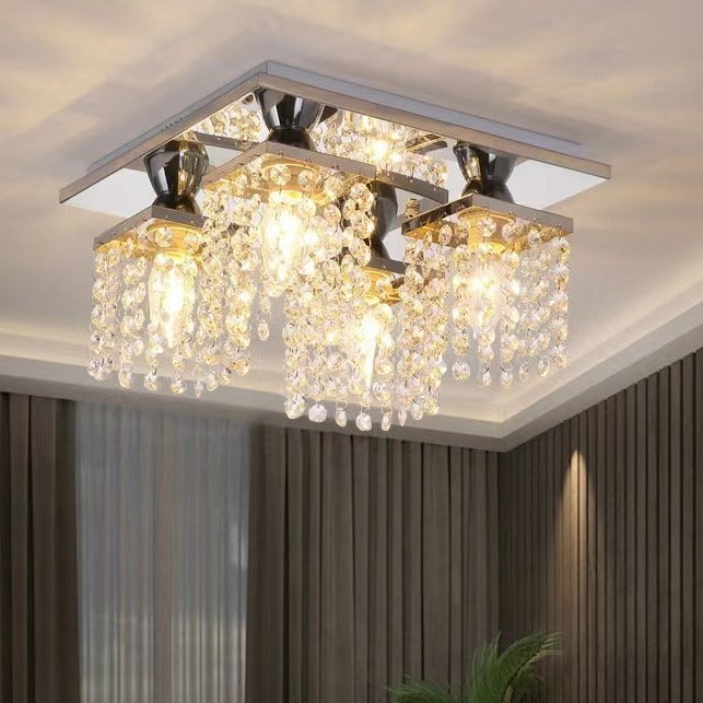 Modern Luxury Square Stainless Steel Frame Crystal Shade 4-Light Semi-Flush Mount Ceiling Light For Living Room