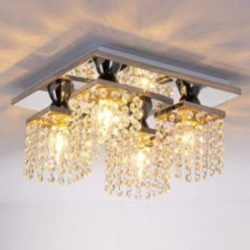 Modern Luxury Square Stainless Steel Frame Crystal Shade 4-Light Semi-Flush Mount Ceiling Light For Living Room