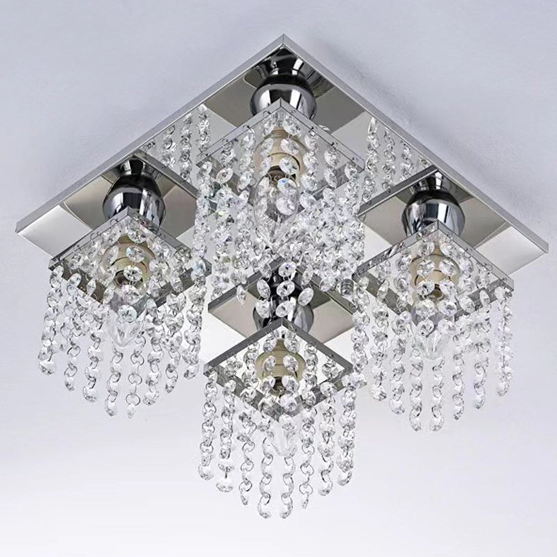Modern Luxury Square Stainless Steel Frame Crystal Shade 4-Light Semi-Flush Mount Ceiling Light For Living Room