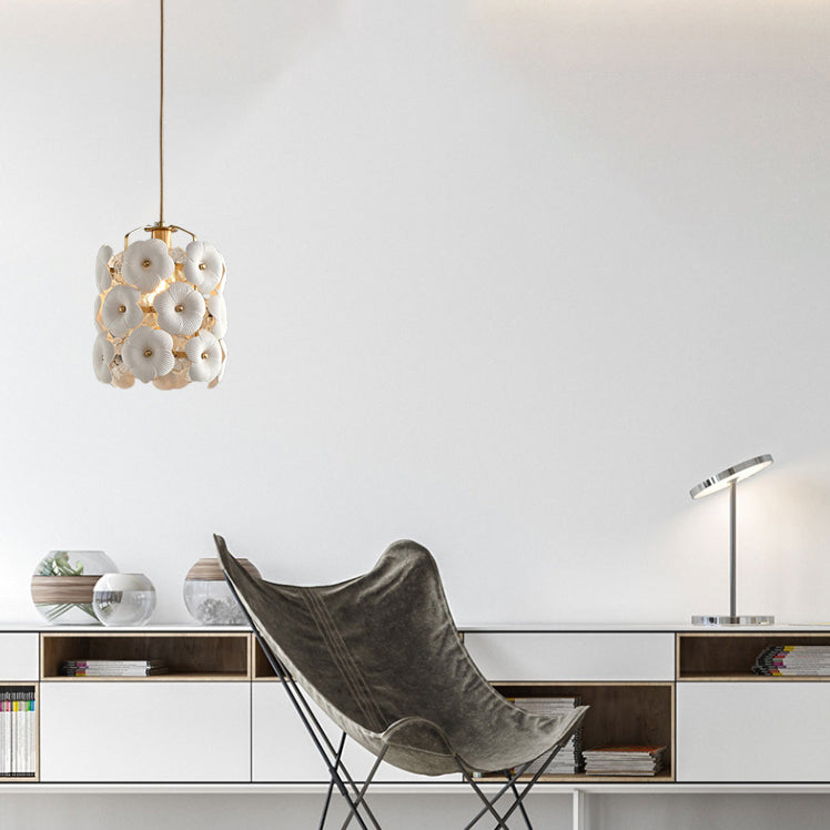 Modern Art Deco Cylinder Flower Full Brass Frame Ceramic Shade 1-Light Pendant Light For Bedroom