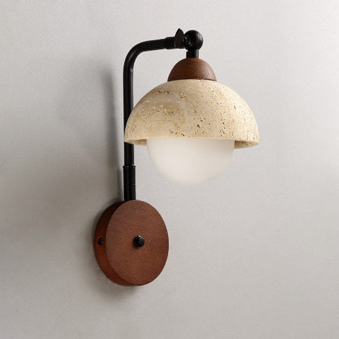 Traditional Vintage Dome Round Natural Yellow Travertine Shade Iron Solid Wood Frame 1-Light Wall Sconce Lamp For Bedroom